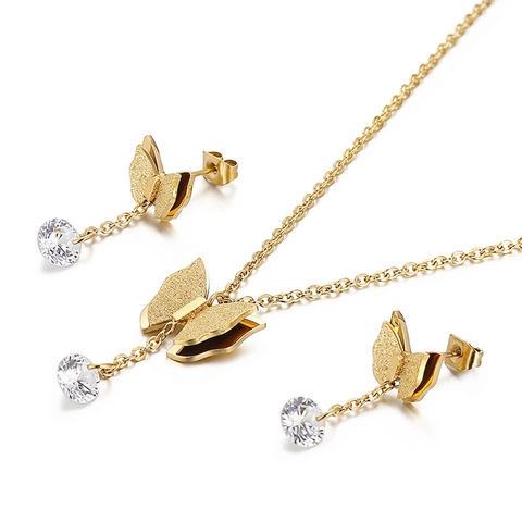 Butterfly Pineapple Mother Of Artificial Pearl Roman Numeral Stainless Steel Necklace And Earrings For Women With Zircon Accents