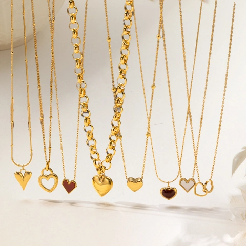 Fashion Stainless Steel Heart Jewelry Set For Women Gold Plated Shell Rhinestone Heart Pendant Necklace Earrings Bracelet Set