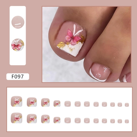 Uñas Postizas Para Pies Punta Francesa Blanca Mariposa Rosa Acentos De Pan De Oro Estilo Dulce Y Lindo Para Mujeres