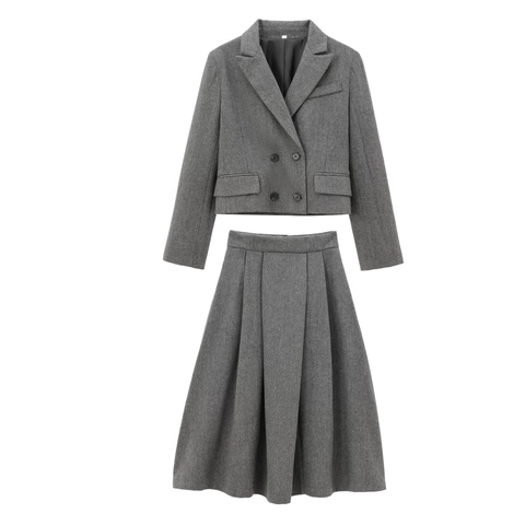 Dames Visgraat Wollen Textuur Double Breasted Korte Blazer En Geplooide Rok Met Hoge Taille Chic Kantoor Streetwear Grijs