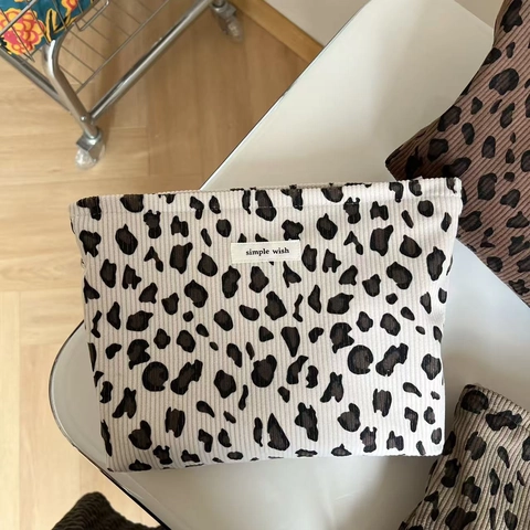 Retro Leopard Print Corduroy Kosmetiktasche Damen Mode Clutch Handtasche Reise Aufbewahrungstasche Reißverschluss