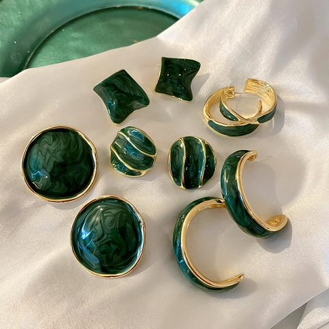 Vintage Green Enamel Geometric Earrings Alloy With 925 Sterling Silver Earring Post French Retro Style Women