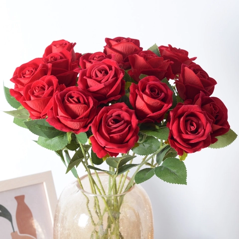Artificial Rose Flower Long Stem Satin Cloth Velvet Realistic Fake Roses For Home Wedding Party Decor Floral Arrangement