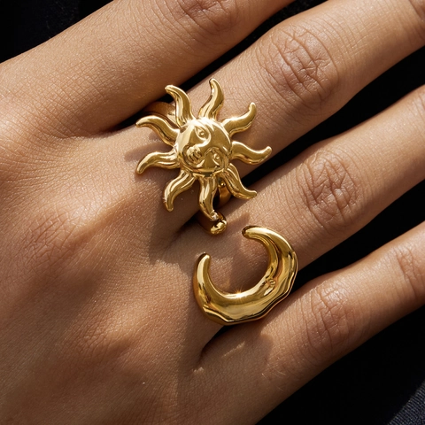 Sun Moon Open Rings 18K Gold Plated Stainless Steel Adjustable Irregular Liquid Metal Vintage Jewelry For Women