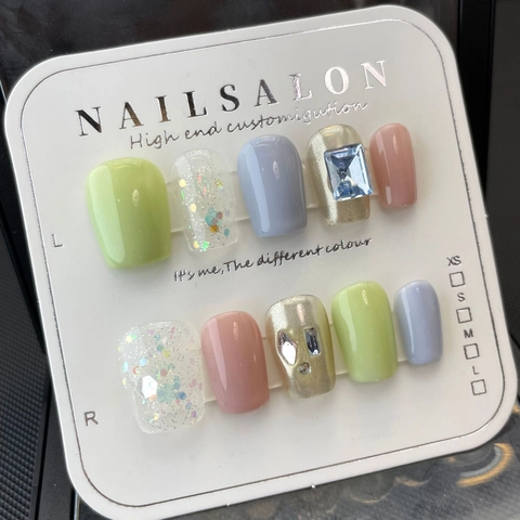 Handmade Press On Nails Macaron Colorful Sequin Rhinestone Square Round Reusable Full Cover False Nails For Women Girl