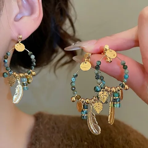 Orecchini A Cerchio Retrò Bohémien Placcati Oro 14K Con Perline Di Pietra Piuma Foglia Perno In Argento Sterling 925