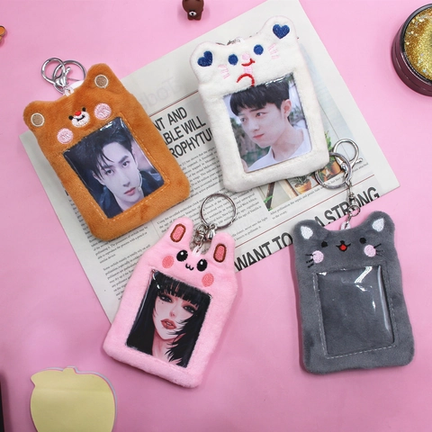 Plush Card Holder Polyester With Transparent PVC Window Cartoon Animal Idol Photocard Display Cute Soft Keychain Pendant