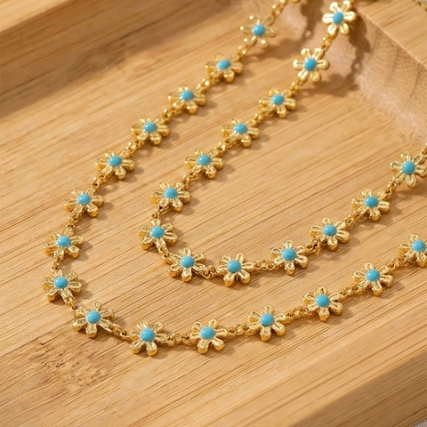 Moda Acero Inoxidable Chapado Oro 18K Margarita Flor Collar Turquesa Azul Esmalte Cadena Floral Para Mujer Joyería