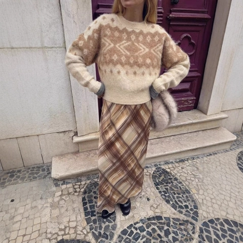 Pull Femme Tricot Motif Géométrique Col Rond Manches Longues Coupe Ample Moelleux Haut Automne