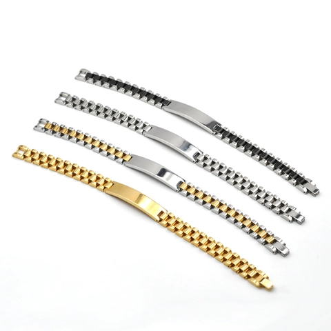 Stainless Steel Bracelet Watch Strap Style Five Bead Tank Chain With ID Plate Punk Hip Hop Jewelry For Men