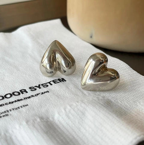Orecchini A Cuore Con Perno In Argento Sterling 925 Lucido 3D Voluminoso Minimalista Irregolare Gioielli Per Donna