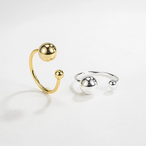 S925 Sterling Silver Double Ball Open Ring For Women Minimalist Adjustable Geometric Round Bead Finger Ring Fashion Jewelry