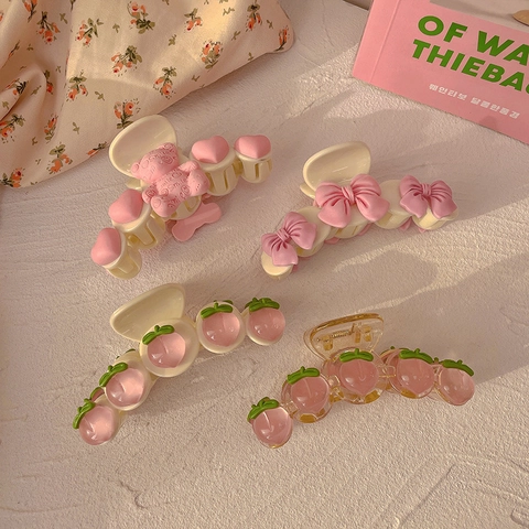 Pinza Para El Pelo Dulce Melocotón Oso Plástico Resina Grande Pinza De Tiburón Accesorios Para El Cabello Mujeres Niñas Estilo Japonés