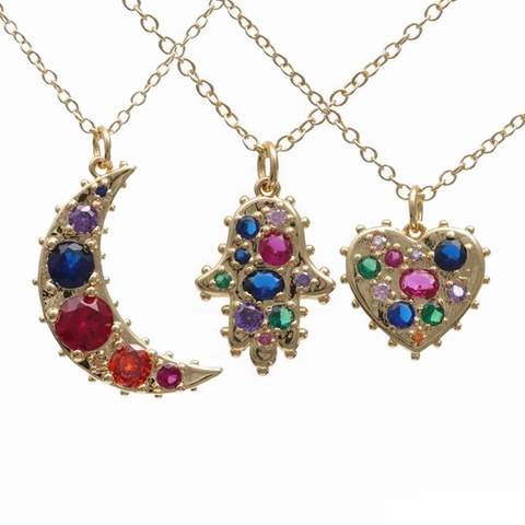 Bohemian Pendant Necklace Gold Plated Copper With Colorful Micro Pave Zircon Moon Hamsa Hand Heart Fashion Jewelry For Women