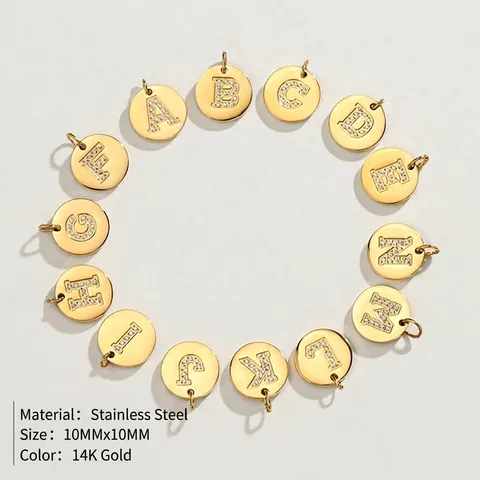 Stainless Steel Alphabet Letter Pendant 14K Gold Plated Round Disc Rhinestone Inlaid Charms For DIY Jewelry Making Accessories