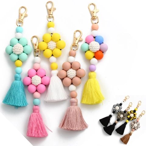 Porte-clés Gland Fleur Perlé en Silicone Bohème Fermoir en Alliage de Zinc Pendentif de Sac Imprimé Léopard Vache pour Femmes