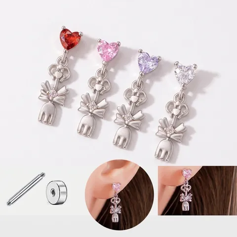 Orecchino Lobo Acciaio Titanio Cuore Zirconia Fiocco Pendente Forchetta Chiusura Vite Piercing Cartilagine Donna