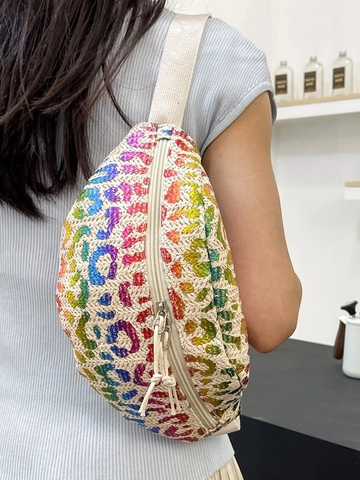 Luipaardprint Stro Heuptas Voor Dames Regenboog Kleuren Gevlochten Fanny Pack Borsttas Strand Reizen Trendy