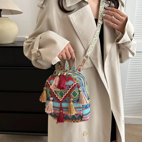 Mini Zaino Etnico Tessuto Nappine Ricamo Geometrico Borsa Da Viaggio Piccola Leggera Per Donna Stile Boho
