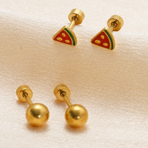 Watermeloen Oorknopjes Gouden Bolletjes Roestvrij Staal Emaille Fruit Sieraden Zomer Stijl Voor Vrouwen Meisjes