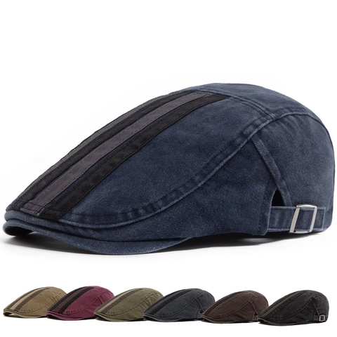 Retro Washed Cotton Flat Cap With Stripe Patchwork Vintage Distressed Adjustable Ivy Hat For Men Women Casual Style