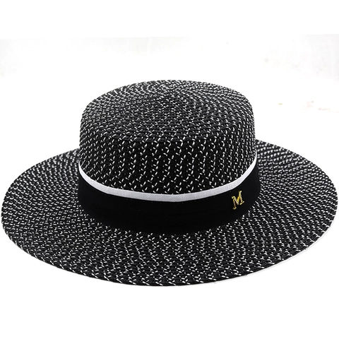 Cappello Paglia Boater Tesa Larga Protezione Solare Traspirante Vacanze Mare Stile Francese Donne Lettera Metallo Decor