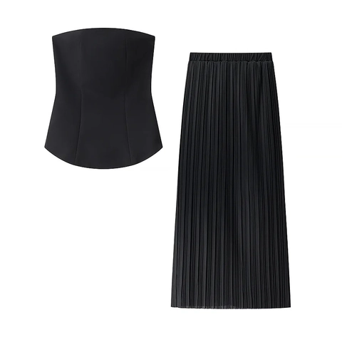 Women Two Piece Set Strapless Tube Top And Pleated Maxi Skirt High Waist Polyester Casual Streetwear Solid Color Outfit