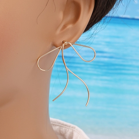 French Minimalist Copper Bow Knot Drop Earrings For Women Gold Plated Ribbon Thread Dangle Earrings Fashion Jewelry Accessory