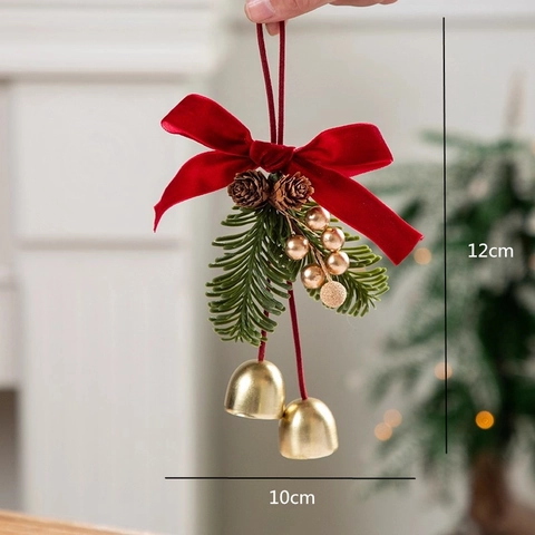 Adorno Colgante Para Árbol De Navidad Con Lazo De Terciopelo Rojo Piñas Campanas De Metal Y Agujas De Pino Decoración