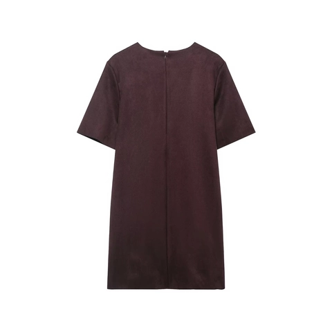 Women Faux Suede Mini Dress Short Sleeve Crew Neck Rivet Decor Back Zipper Solid Color Casual Fashion