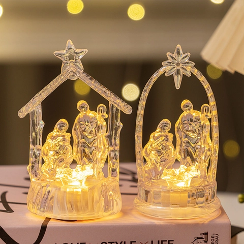 LED Krippe Heilige Familie Figur Acryl Transparent Leuchtend Weihnachten Ornament Warmes Licht Religiöse Dekoration