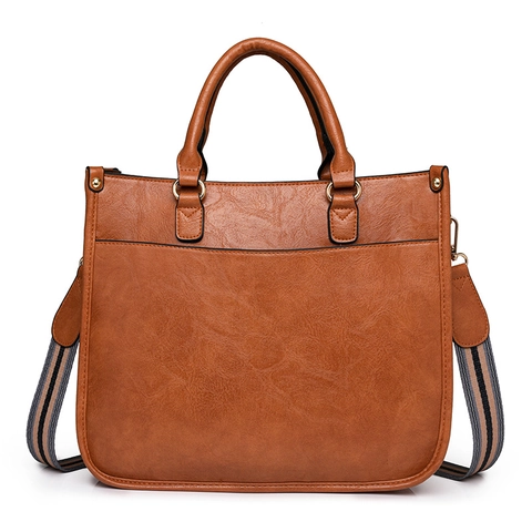 Textured PU Leather Tote Bag For Women With Wide Striped Strap Multi Pocket Retro Casual Large Capacity Handbag