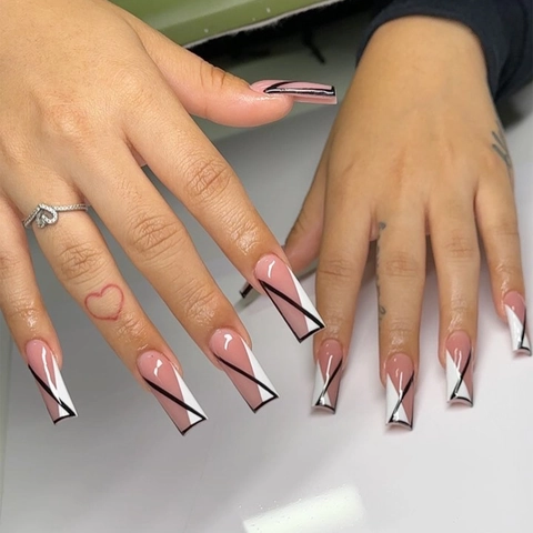 Long Square Press On Nails Geometric Black Lines French Minimalist Style Nude Pink False Nails For Women