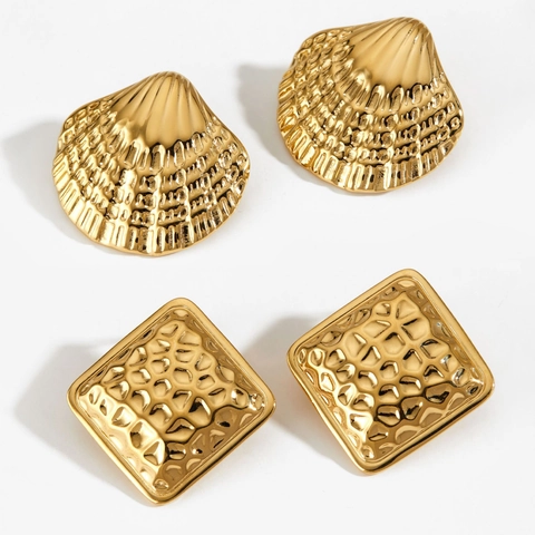Geometric Stud Earrings Stainless Steel PVD Gold Plating Scallop Shell Square Hammered Texture Hypoallergenic Jewelry Women