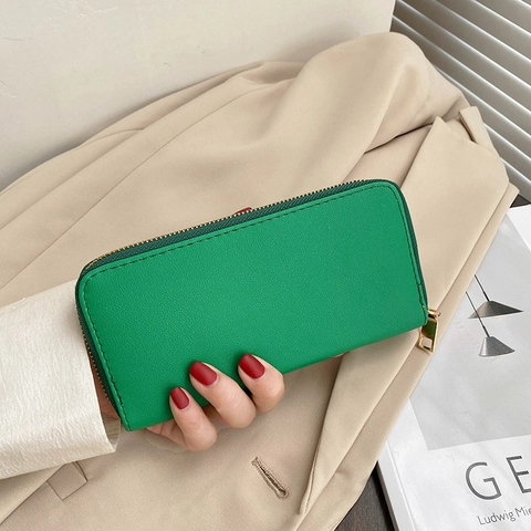 Women Long Zipper Wallet Pebbled PU Leather Clutch Purse Solid Color Fashion Card Holder Phone Pocket