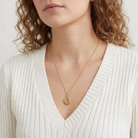 Collana Minimalista in Acciaio Inossidabile per Donna Ciondolo Geometrico Ovale con Trama a Onde Placcato Oro 14K Gioielli Moda