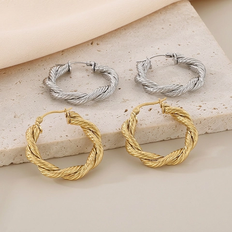 Pendientes De Aro Retorcidos Para Mujer De Acero Inoxidable Chapado En Oro De 18K Textura Cuerda Vintage Joyería