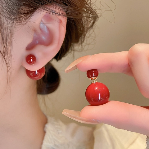 Pendientes De Doble Bola Roja Con Perla Artificial De Imitación Y Tuerca De Plata Vintage Geométrico Para Mujer