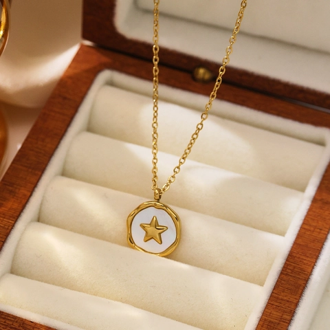 Französische Retro Stern Anhänger Halskette 18K Vergoldet Edelstahl Weißer Muschel Rund Scheibe Schlüsselbein Kette Damen
