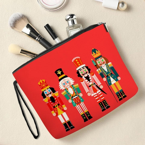 Nutcracker Print Makeup Bag Fine Linen Textured Polyester Cosmetic Pouch With Zipper And Hand Strap For Holiday Travel