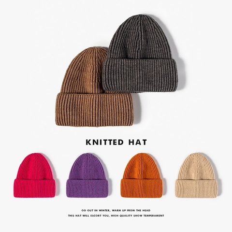 Knitted Beanie Hat Ribbed Cuffed Winter Warm Windproof Solid Color Unisex Casual Soft Stretchy Skull Cap
