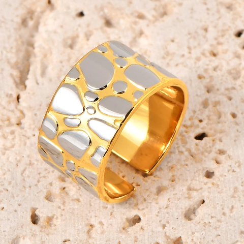 Fashion Two-Tone Pebble Geometric Open Ring For Women Titanium Steel Electroplated 18K Gold Plated Wide Band Finger Ring Jewelry