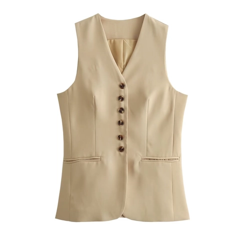 Dames Business Casual Vest En Midi Rok Set V Hals Single Breasted Mouwloos Asymmetrisch Geweven Kantoorkleding