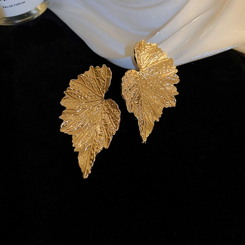 Textured Leaf Shape Earrings With Silver Earring Post Elegant Gold Copper Statement Jewelry For Women
