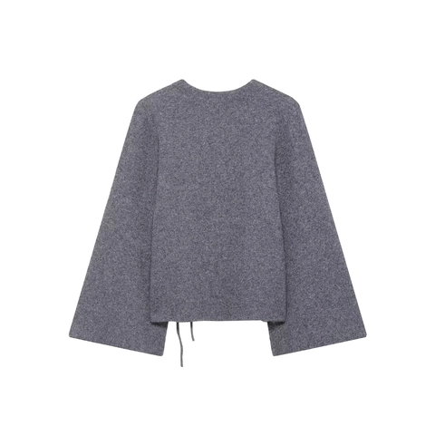 Women Grey Round Neck Knit Cardigan Jacket With Waist Drawstring Slit Cuffs Button Closure Minimalist Street Style