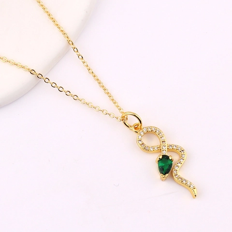 Snake Pendant Necklace Gold Plated Brass With Emerald Green Stone And Clear Zirconia INS Style Serpent Jewelry For Women