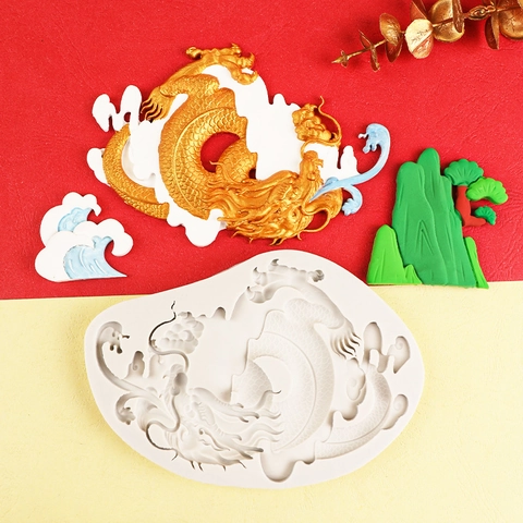 Molde de Silicona Tradicional Chino de Dragón Ola Montaña Para Decoración de Pasteles Fondant Chocolate Bricolaje Molde de Relieve 3D
