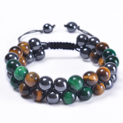 Tiger Eye Hematite Obsidian Double Layer Beaded Bracelet Adjustable Braided Rope Natural Stone Jewelry Unisex
