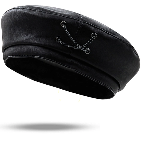 Vintage British Style Cotton Beret Hat For Women Fashion Solid Color Painter Hat With Metal Chain Decoration Flat Top Short Brim Accessory