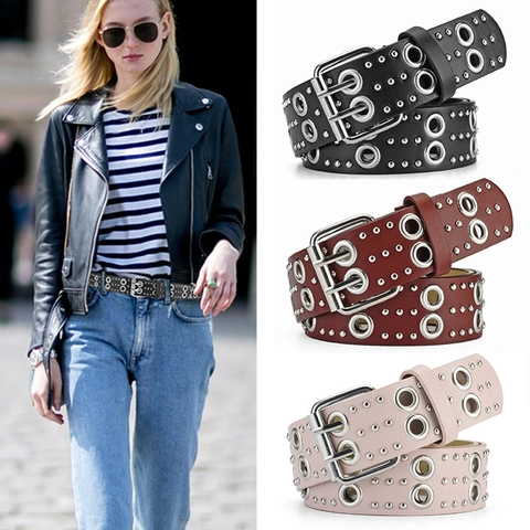 Punk Rock Unisex Gürtel Aus Kunstleder Mit Mehrreihigen Metallösen Nieten Legierung Doppeldornschließe Mode Hüftgurt Für Jeans